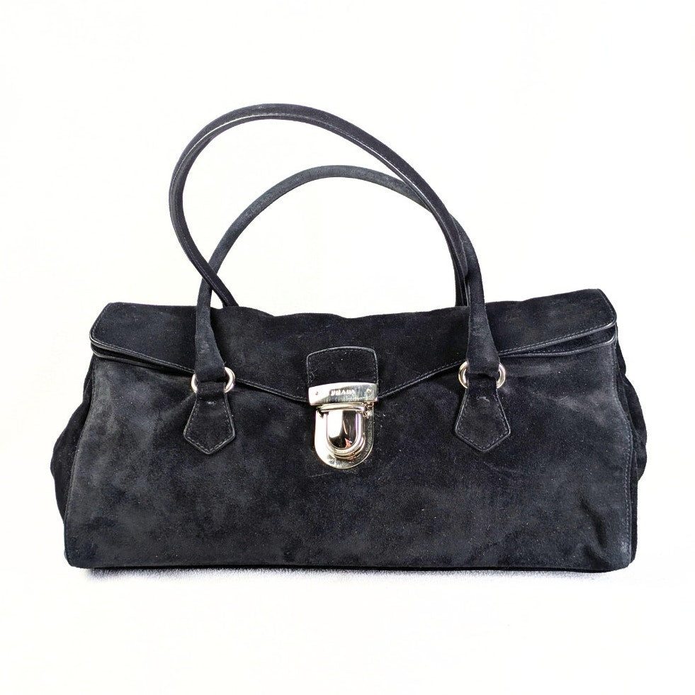 Pre-owned PRADA Suede Camoscio Pushlock Easy Satchel Shoulder Handbag