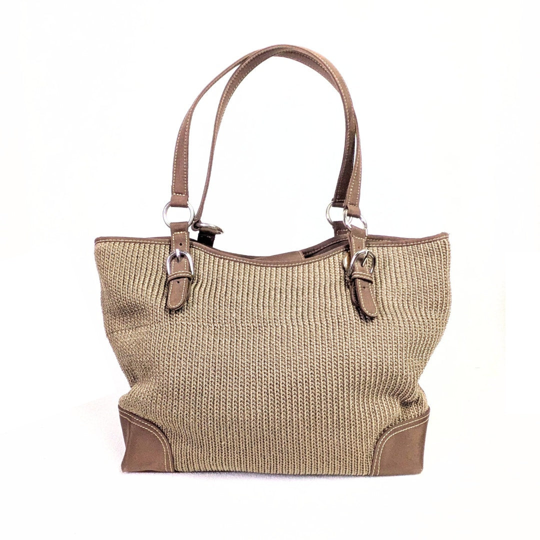 Pre-owned The Sak Crochet Knit Woven Shoulder Bag – Taupe with Brown Trim