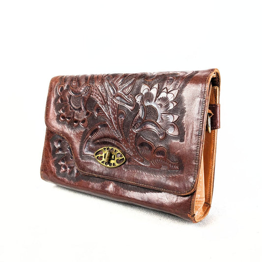 Vintage Genuine Leather Embossed Floral Pattern Two-sided Clutch Bag