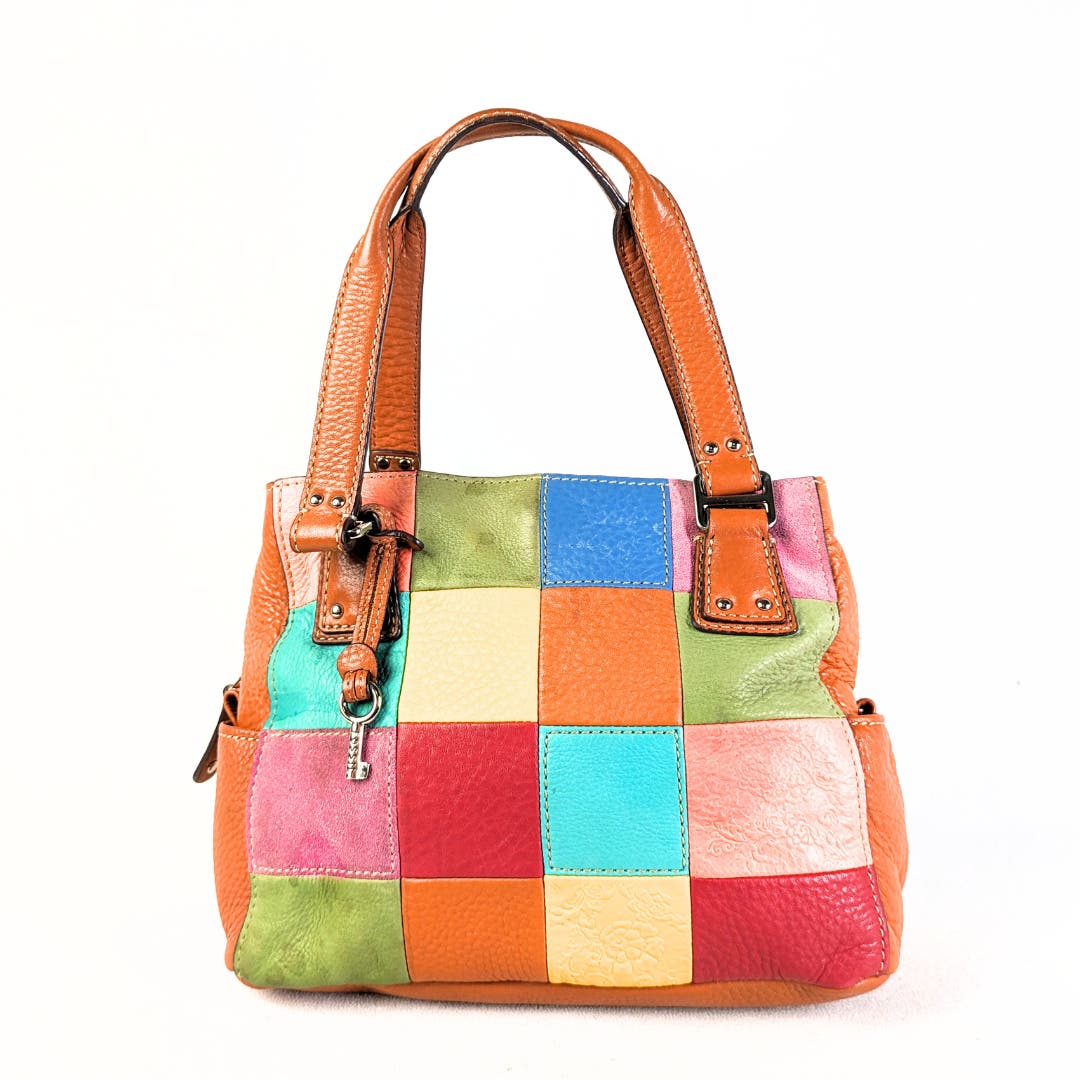 Colourful Patched Leather Satchel Bag