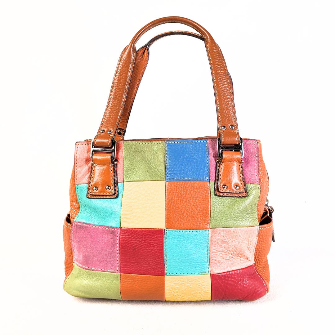 Colourful Patched Leather Satchel Bag