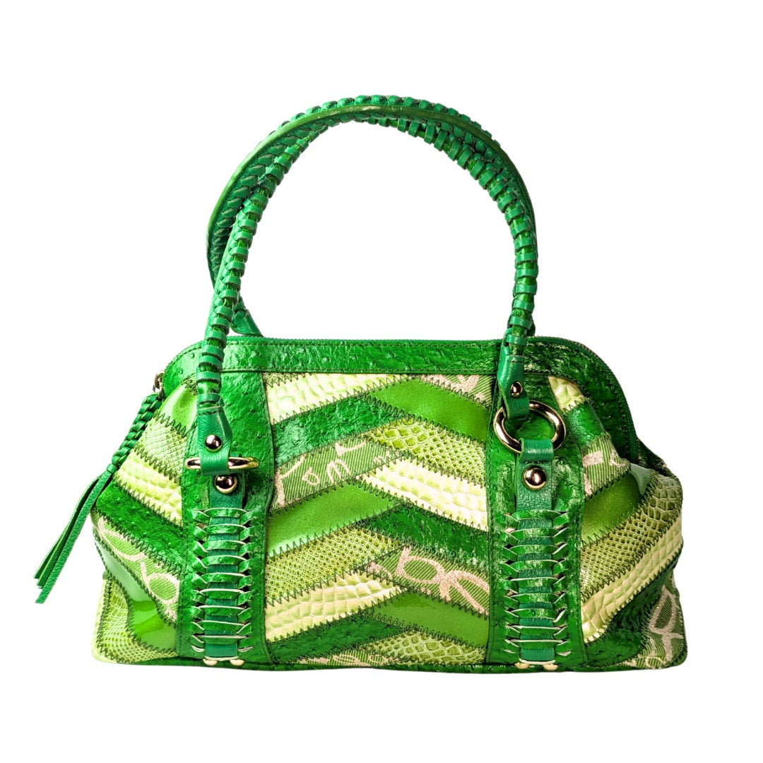 Bebe Patchwork Leather Tote in Green photographed from the back side.