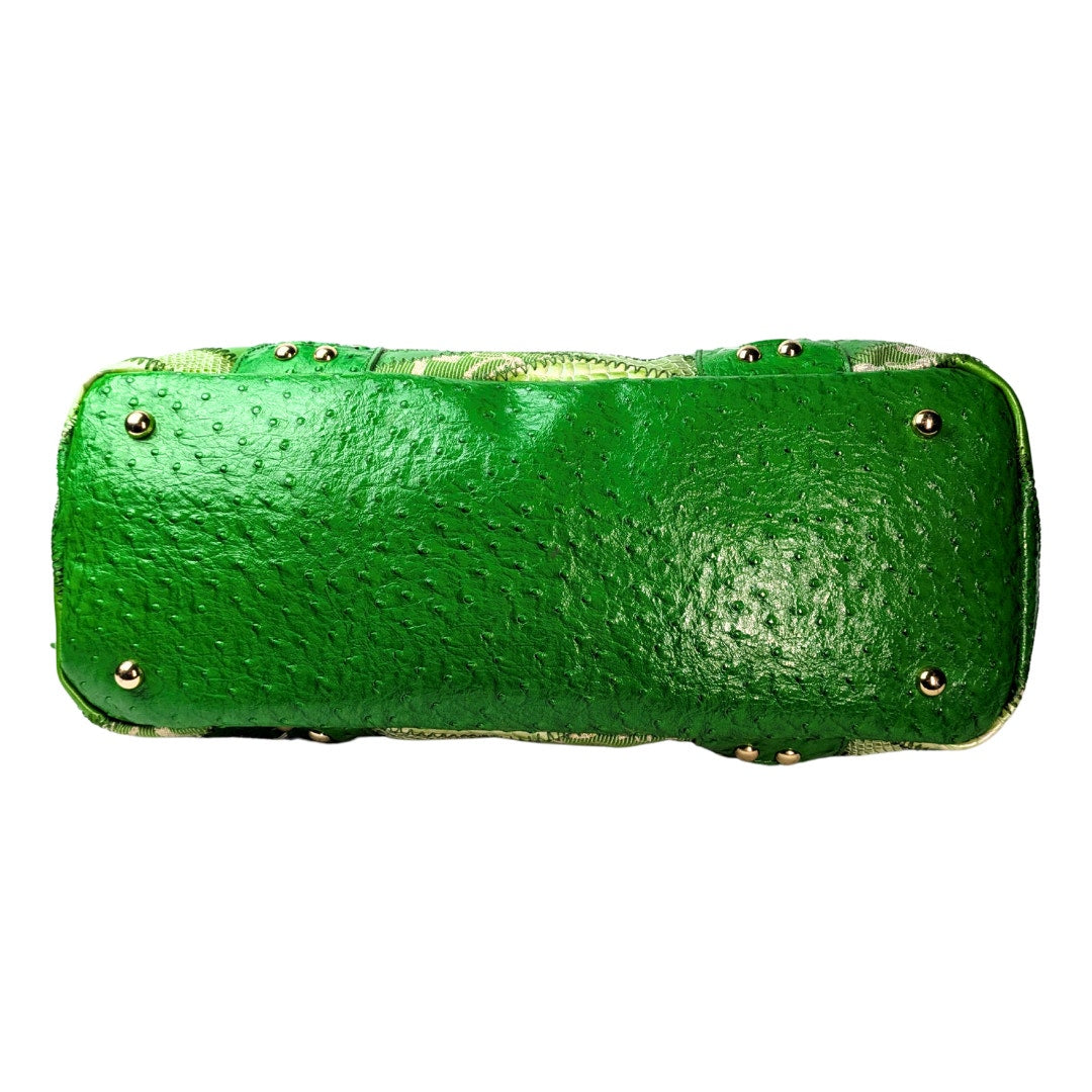 Bebe Patchwork Leather Tote in Green photographed from the bottom.