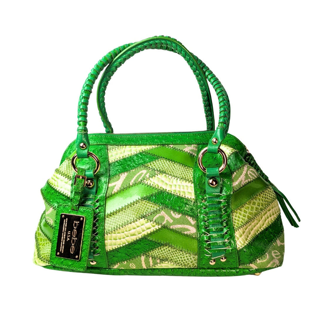 Bebe Patchwork Leather Tote in Green photographed from the front side.