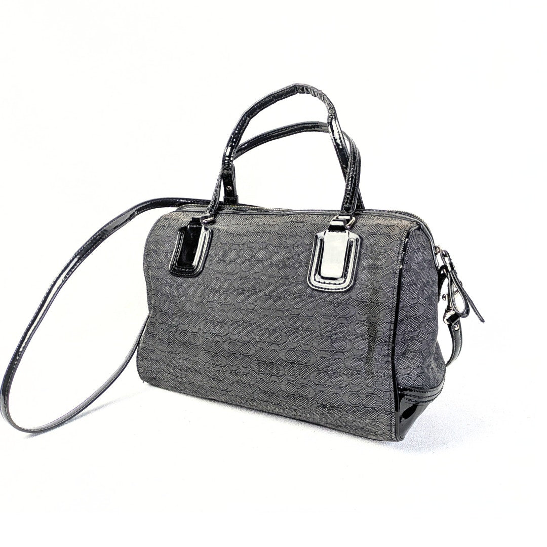 A pre-owned Coach Poppy Mini Oxford Convertible Satchel Handbag in gray canvas and black patent leather with silver hardware.