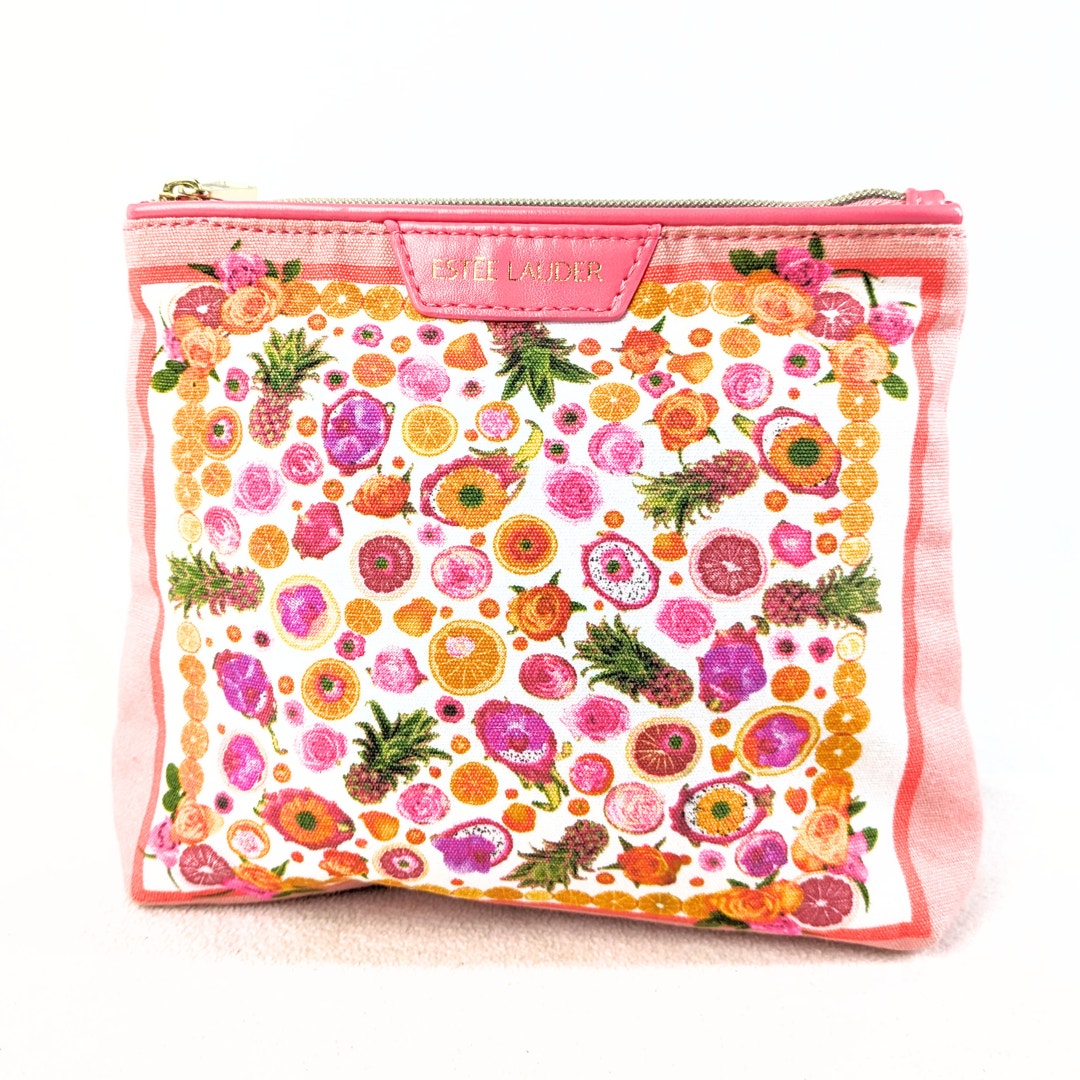 The front view of the Estée Lauder Small Citrus Fruits Print Makeup Bag, captured on the white background.