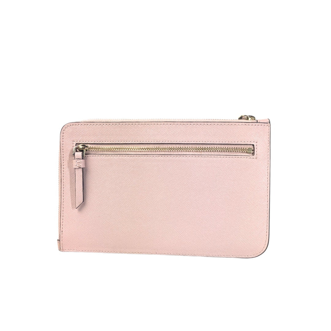Pink wallet with a back zipped pocket on a white background