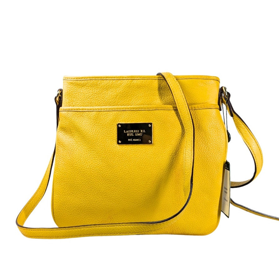 The front view of the Lauren Ralph Lauren Governors Lodge Flat Leather Crossbody Bag in Yellow.