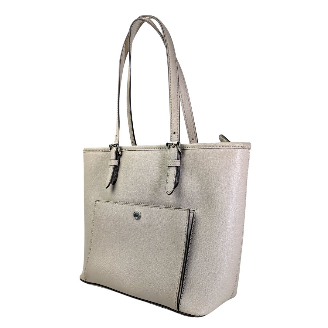 The view of the Michael Kors Jet Set Medium Saffiano Leather Tote from the left angle.