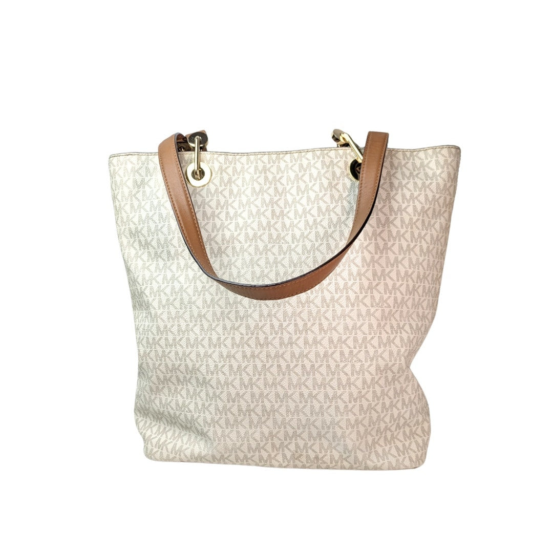 The back side of the Michael Kors Signature Raven Large North South Top Zip Tote on the white background.
