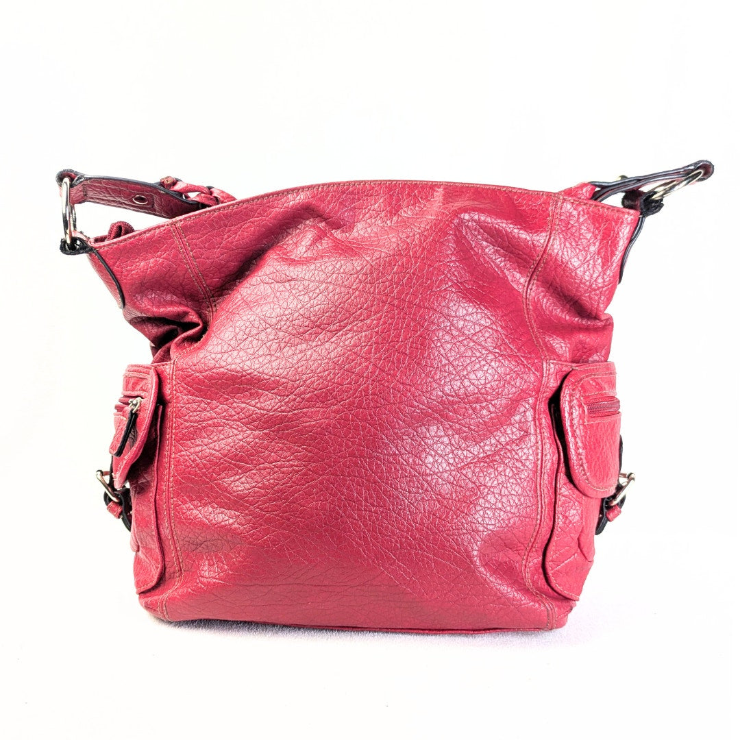 A view of the back view of Pre-loved Rosetti Faux-Leather Hobo Shoulder Bag in Burgundy.