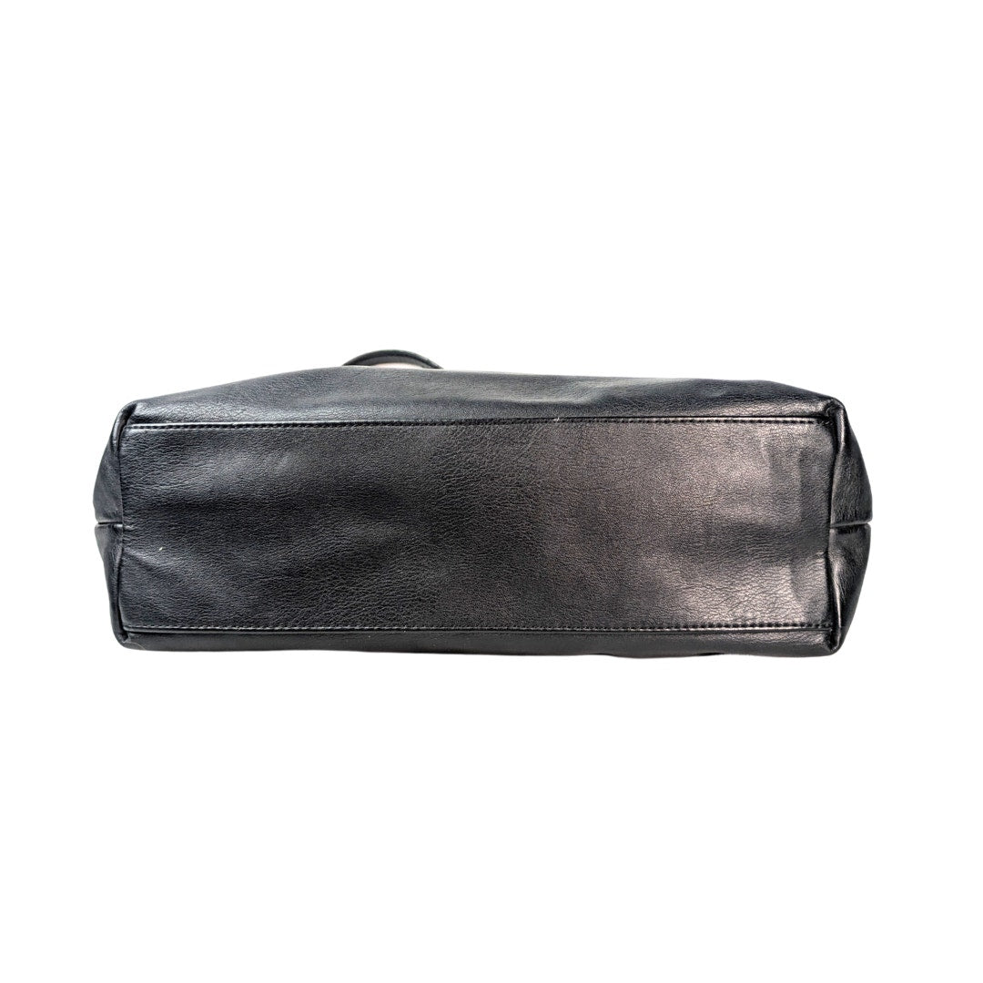 The bottom of the Simply Vera Vera Wang Black Tote Shoulder Bag in Black photographed on the white background.