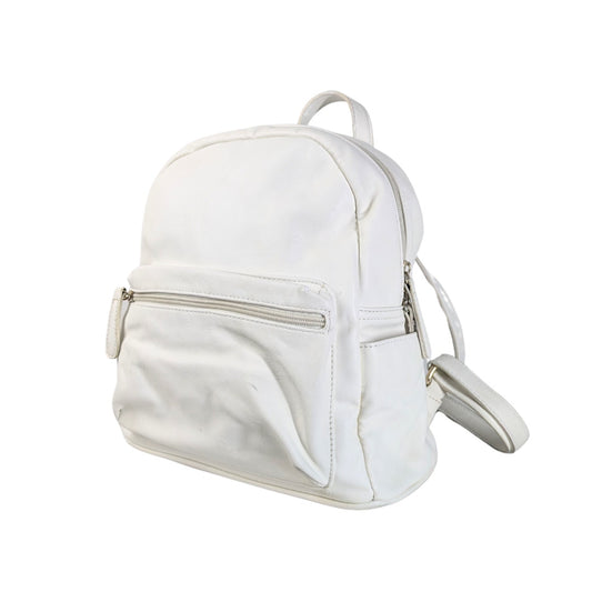 A white faux leather backpack with a front zipped pocket and gold-tone hardware, featuring a single top handle and two adjustable shoulder straps.