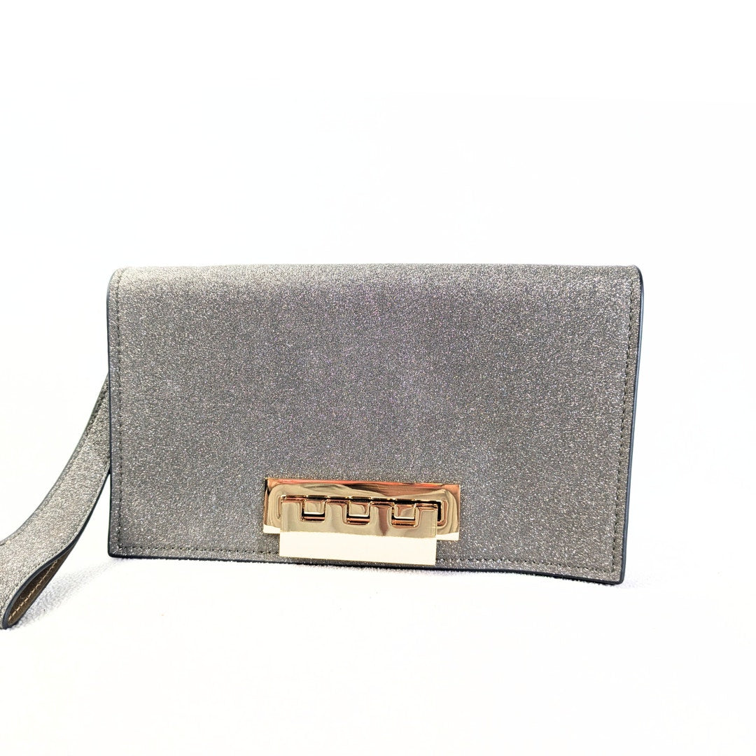 The back side of the Zac Posen Glitter Evening Clutch.