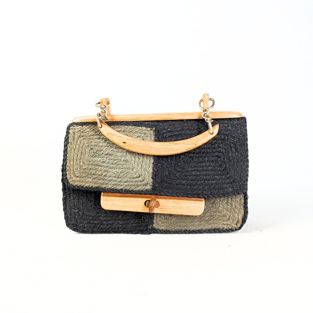 Vintage Woven Handbag with a Wooden Handle
