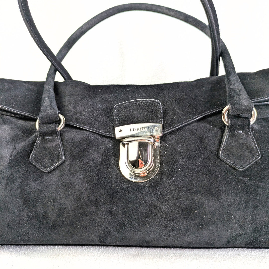 Pre-owned PRADA Suede Camoscio Pushlock Easy Satchel Shoulder Handbag