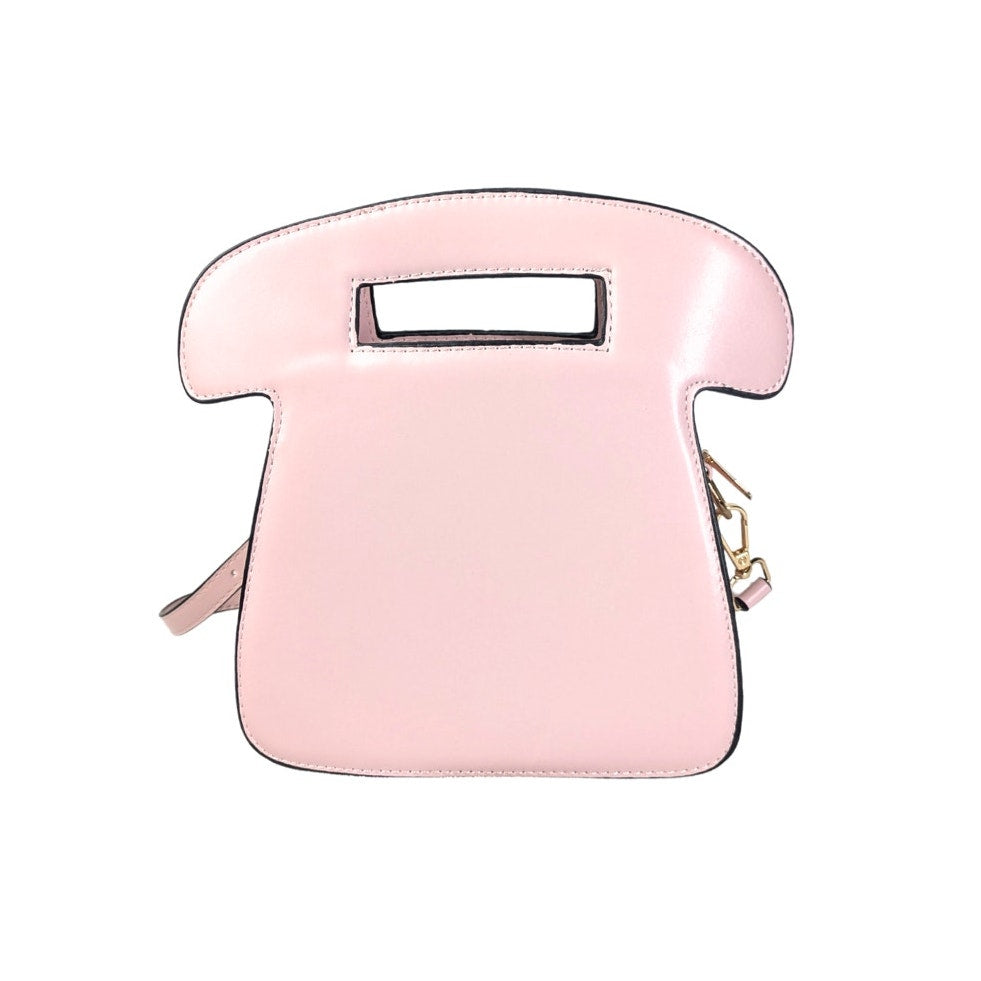The back view of the phone-shaped crossbody / shoulder satchel handbag, captured on the white background.