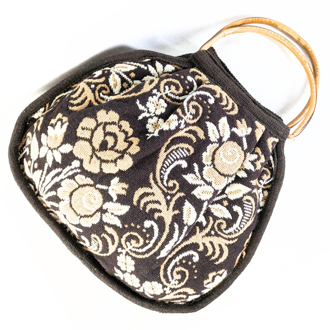 Floral Print Knit Handbag with Bamboo Handles