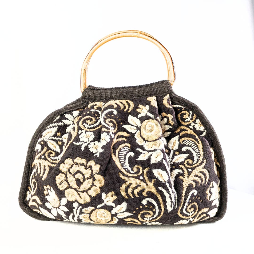 Floral Print Knit Handbag with Bamboo Handles