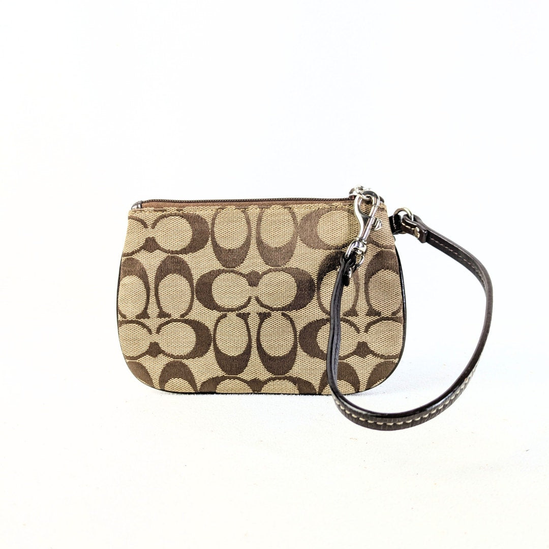 COACH Signature Canvas Wristlet – Beige & Brown