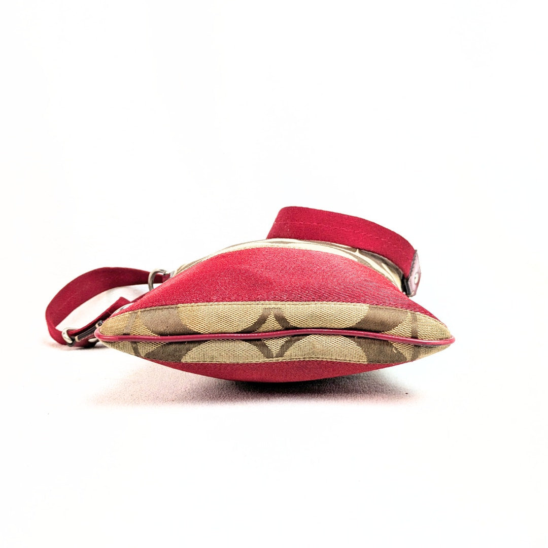 COACH Swingpack Khaki Signature Canvas with Red Trim Crossbody Bag