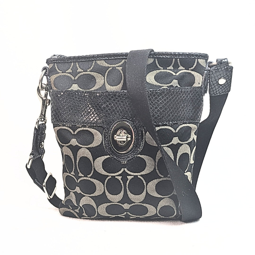 COACH Signature Canvas Python Embossed Patent Leather Swingback Crossbody Bag