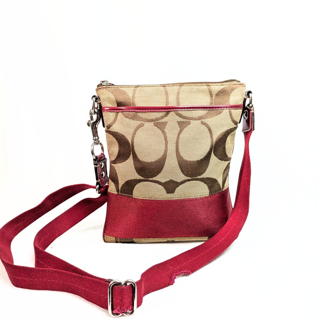 COACH Swingpack Khaki Signature Canvas with Red Trim Crossbody Bag