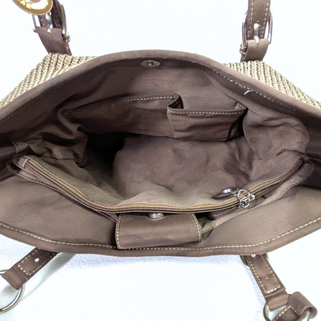 Pre-owned The Sak Crochet Knit Woven Shoulder Bag – Taupe with Brown Trim