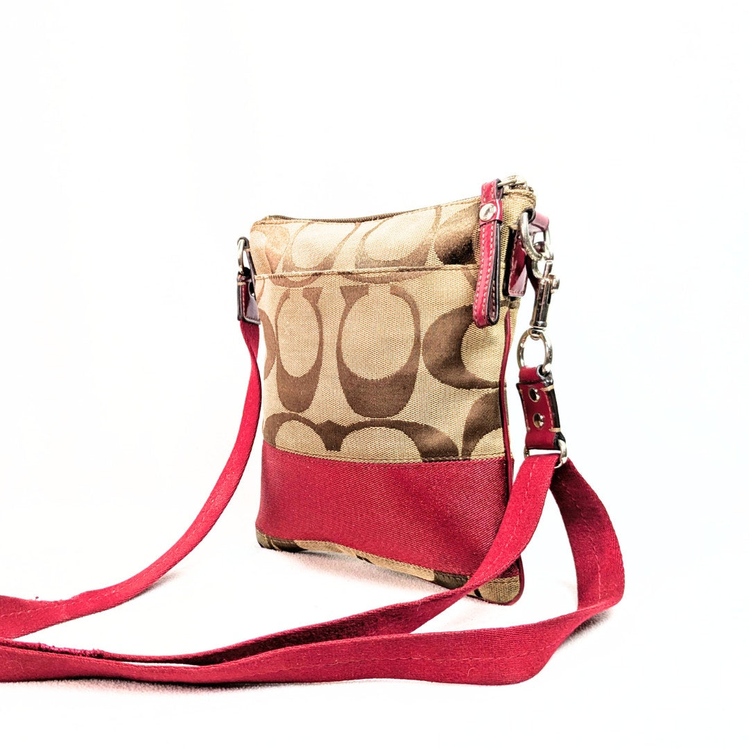 COACH Swingpack Khaki Signature Canvas with Red Trim Crossbody Bag