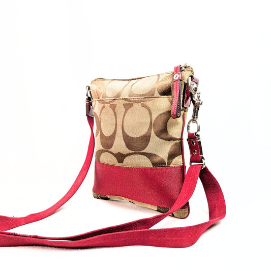 COACH Swingpack Khaki Signature Canvas with Red Trim Crossbody Bag