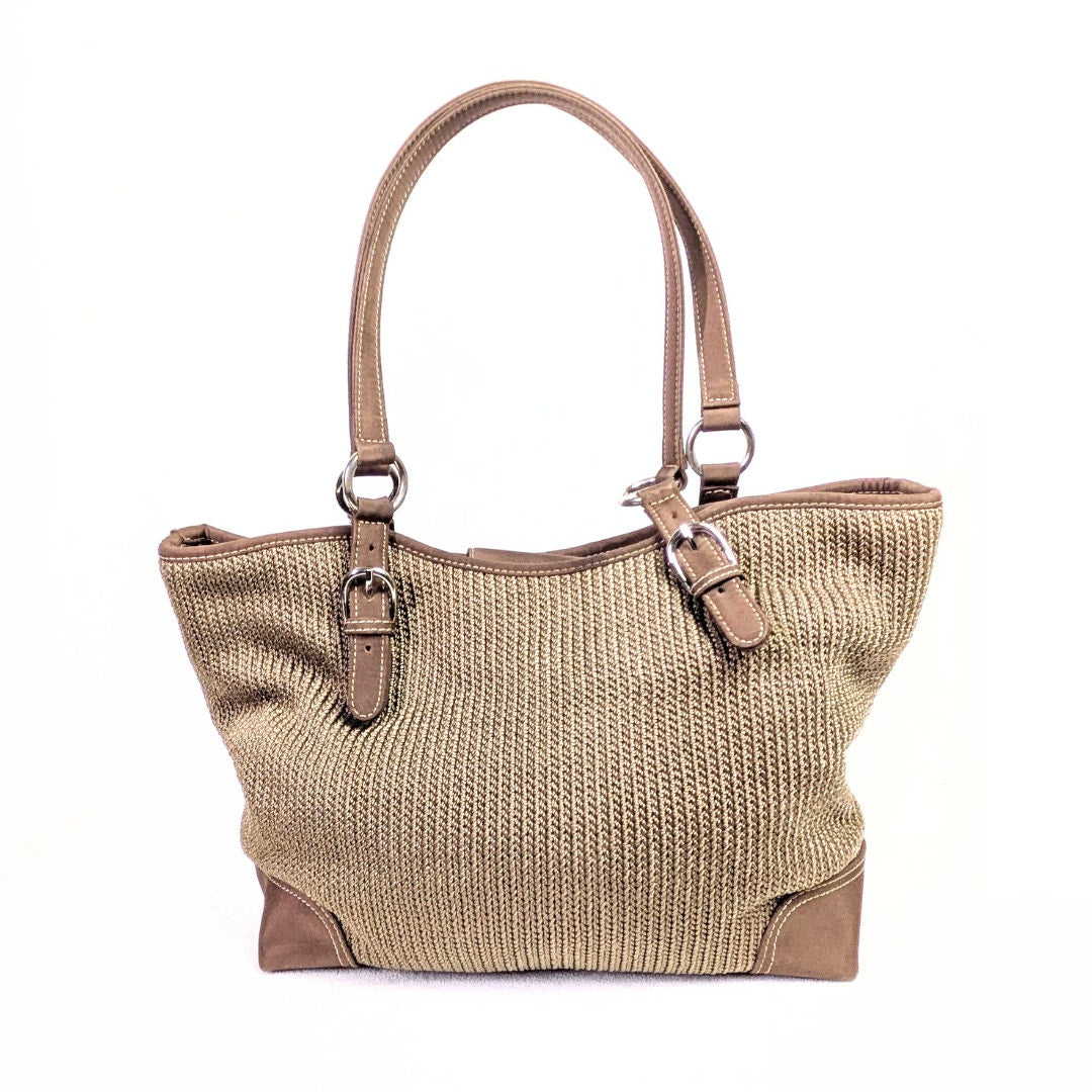 Pre-owned The Sak Crochet Knit Woven Shoulder Bag – Taupe with Brown Trim