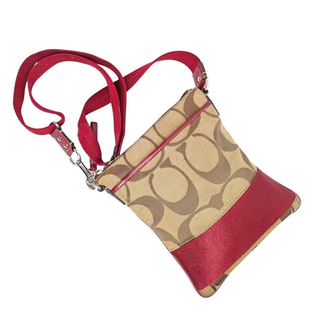 COACH Swingpack Khaki Signature Canvas with Red Trim Crossbody Bag