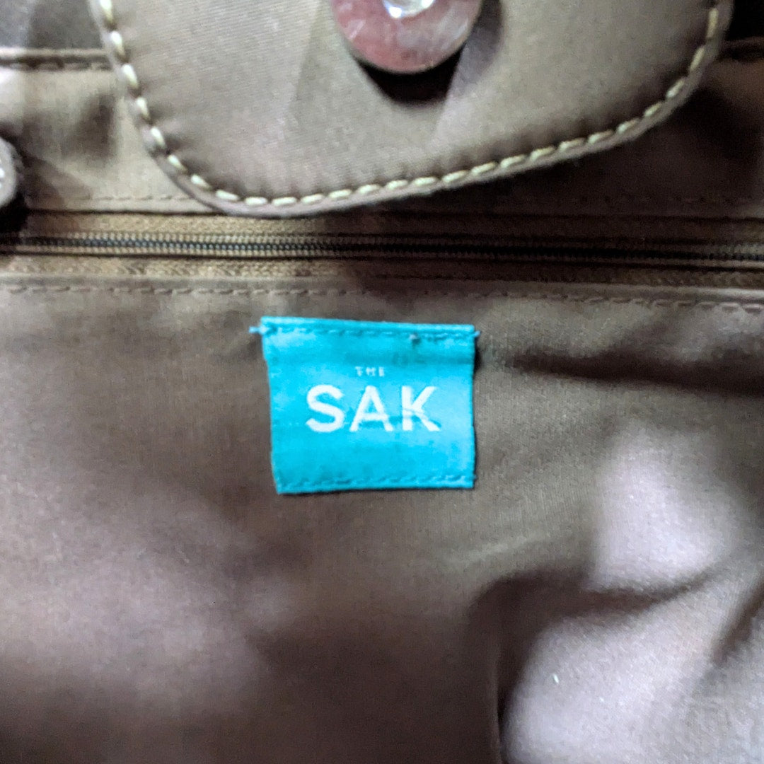 Pre-owned The Sak Crochet Knit Woven Shoulder Bag – Taupe with Brown Trim