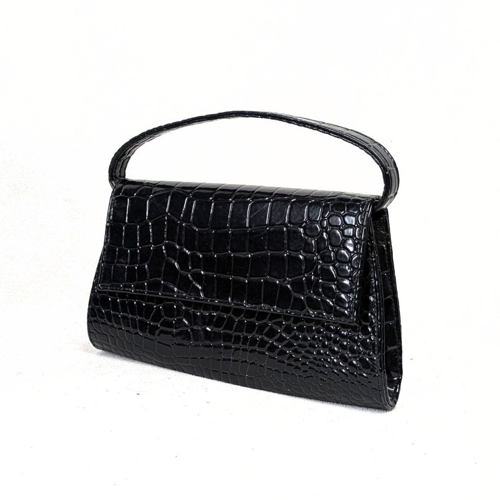 Bebe Black Crocodile-Embossed Patent Leather Top Handle Handbag