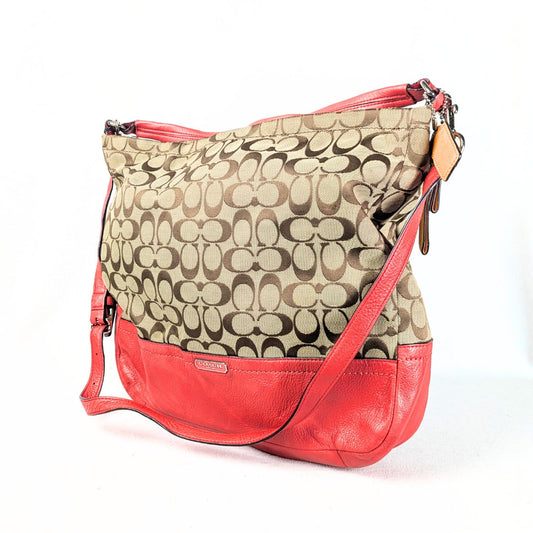 Pre-owned COACH Chelsea Signature Jacquard Convertible Crossbody Bag with beige jacquard fabric and orange leather finishes, silver tone hardware, and a tan leather hang tag.
