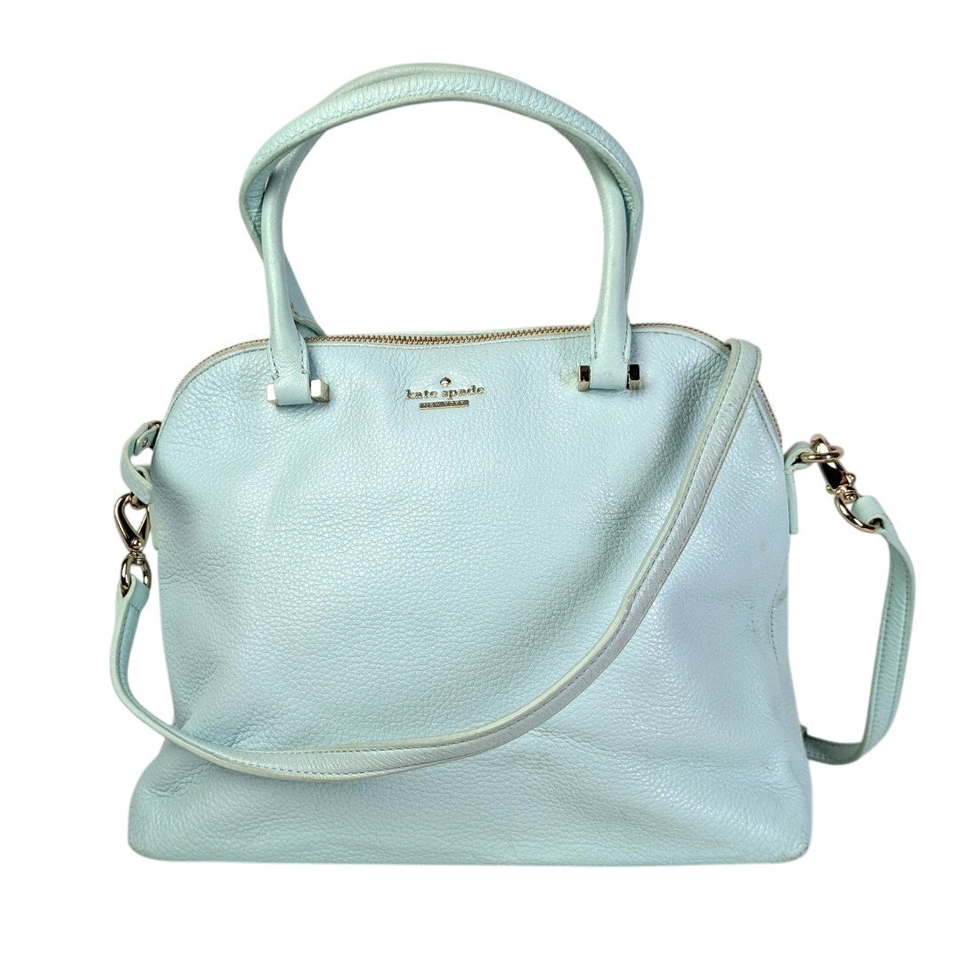 The front of the Kate Spade Emerson Place Margot Crossbody Satchel Bag in turquoise, photographed on the white background. 