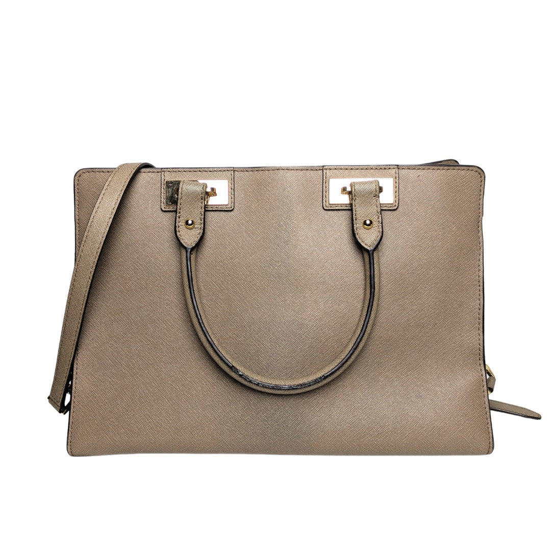 The back side fo the Michael Kors Quinn Large Saffiano Leather Satchel in mocha, captured on the white background. 