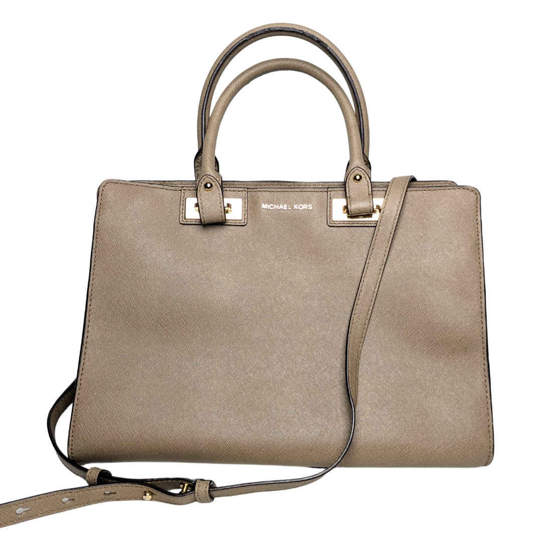 The front side of the Michael Kors Quinn Large Saffiano Leather Satchel in mocha, photographed on the white background. 