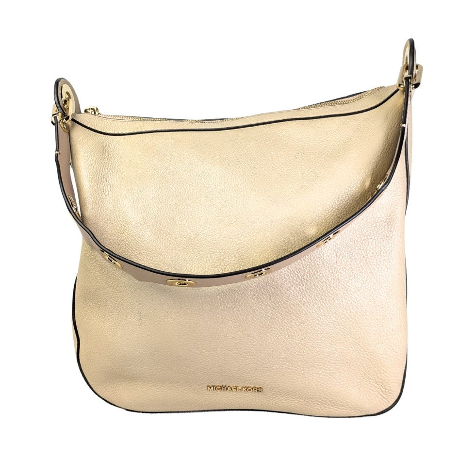 The front view of the Michael Kors Raven Large Leather Shoulder Bag in Beige on white background. 
