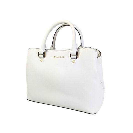 The side view of rhe Michael Kors Saffiano Leather Savannah Medium Satchel Handbag from the left angle. 