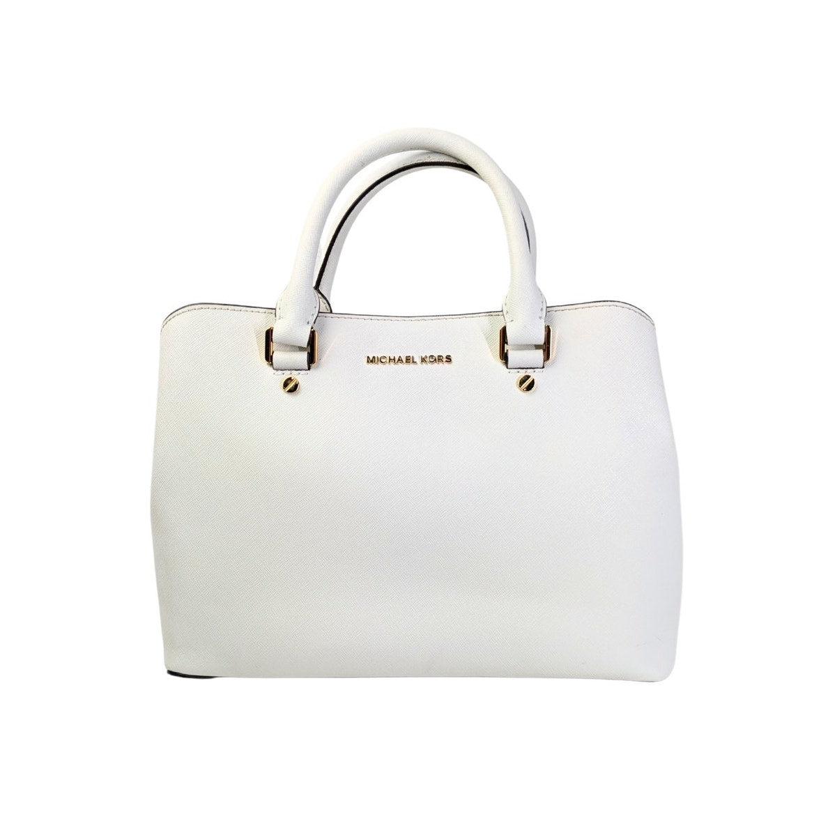 The front View of the Michael Kors Saffiano Leather Savannah Medium Satchel Handbag.