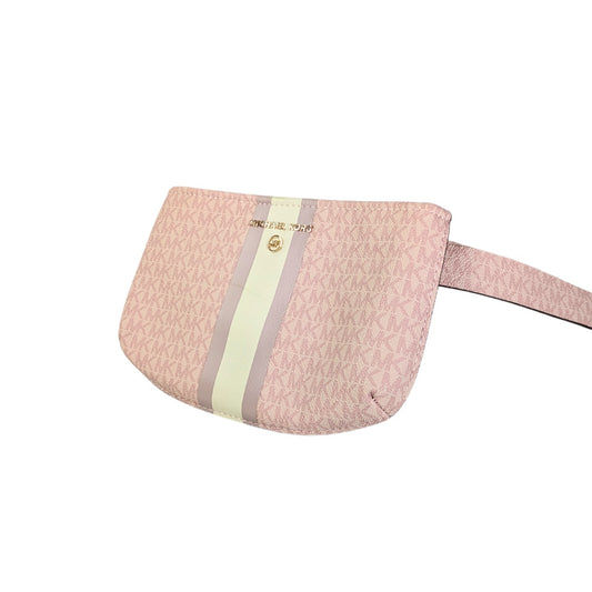 Pre-owned Michael Kors Signature MK pink synthetic leather belt wallet with gold-tone hardware and an adjustable belt strap.
