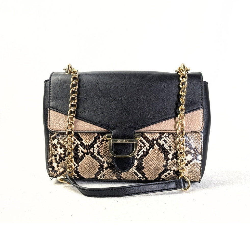 The front side of the Nine West Bedford Animal Print Chain Strap Shoulder Bag photographed on the white background. 