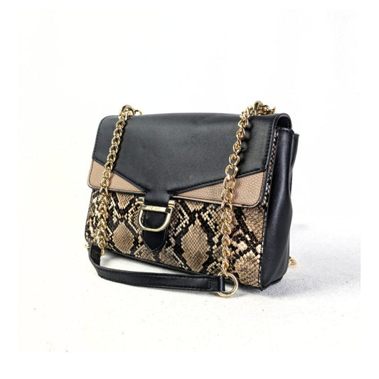 Nine West Bedford Animal Print Chain Strap Shoulder Bag with black and khaki snakeskin print faux leather and gold-tone hardware.