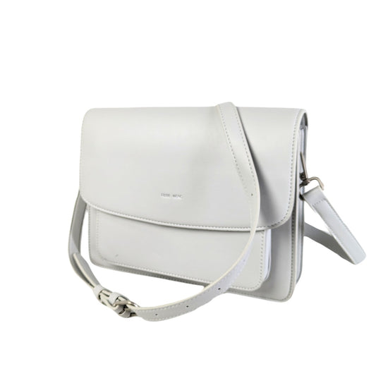 A light grey Pixie Mood vegan leather crossbody shoulder bag with silver-toned hardware, an adjustable strap, and a front flap.