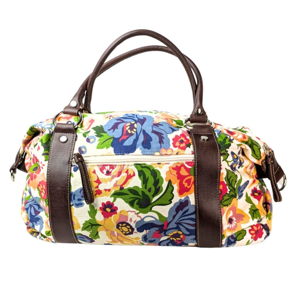 Pre-owned Giani Bernini Floral Print Canvas Diper Bag/ Travel Bag/ Duffle Bag photographed from the back side.