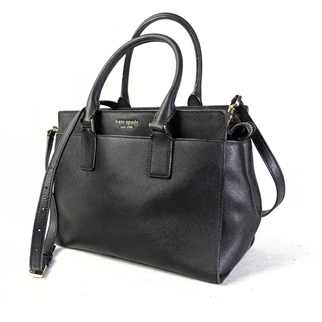 Pre-owned Kate Spade Cameron Satchel Crossbody Bag in Black photographed from the left side. 