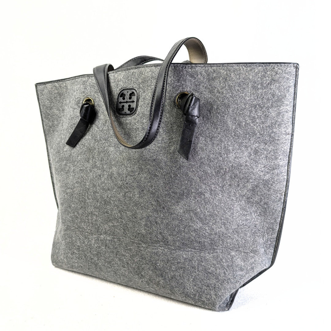 Pre-owned Tory Burch Two-Tone Grey Trimmed Wool Shopper Bag photographed from the side. 