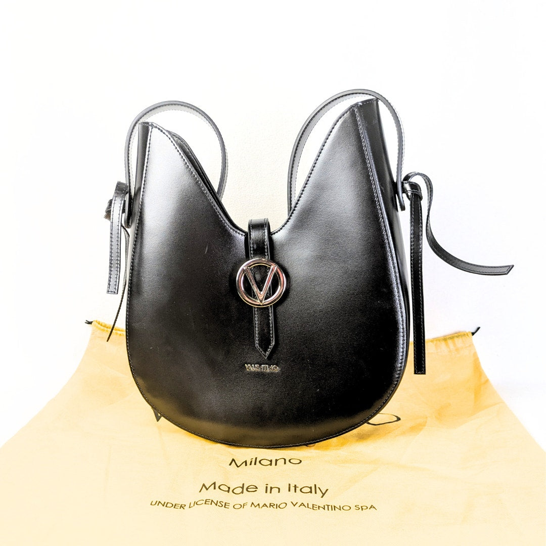The front view of the Valentino by Mario Valentino Anny Soave Shoulder Bag in Black.