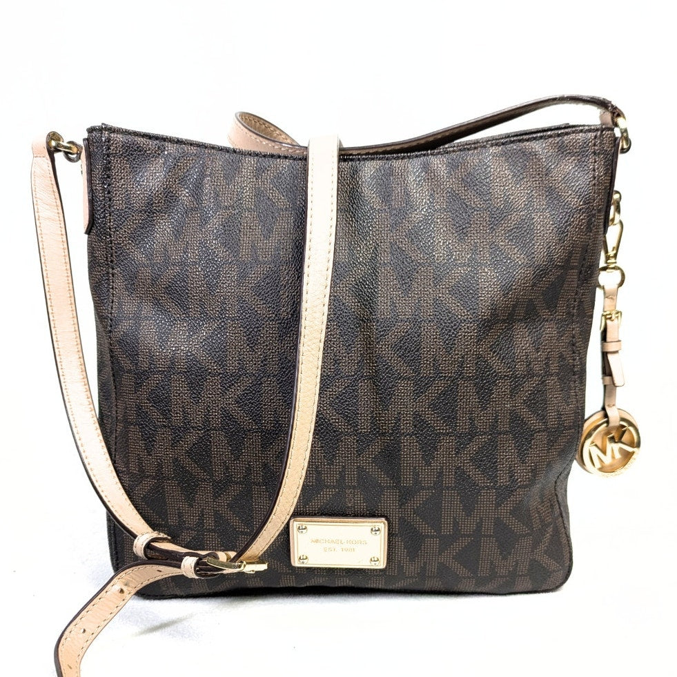 Michael Kors Large Logo Coated Canvas Jet Set Travel Messenger Crossbody Bag